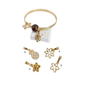 May include: Gold bracelet with a brown pearl charm and five interchangeable charms: a leaf, a pineapple, two flowers, and a flower with a pearl. The charms are numbered 1 through 5.