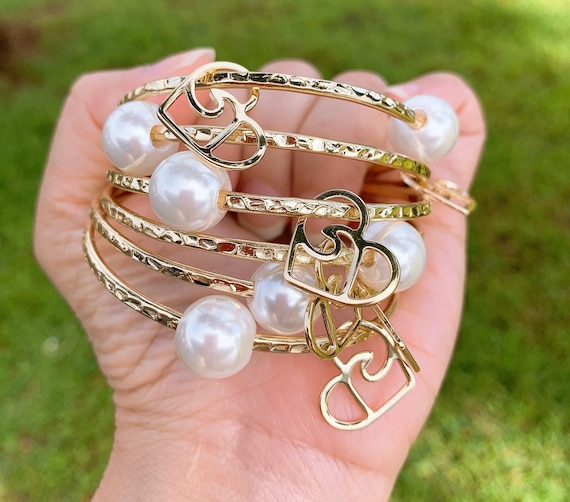 White Gold and Cultured Pearl Monogram Bangle Bracelet