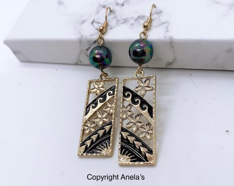 Hawaiian Black Enamel Plumeria Flowers And Wave Design : Hamilton Gold Earring with  Shell Pearls