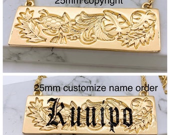 25mm Hawaiian Jewelry Honu Turtle Personalized Customize Name Plate Necklace w/ Rope Chain with 3in Extension Hamilton Gold