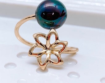 Hawaiian Hamilton Gold Double Plumeia Flower ring with new Peacock  black pearls