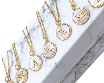 Initial Mother of Pearl Shell Gold Plated Small Necklace Jewelry with Chain 18 inch