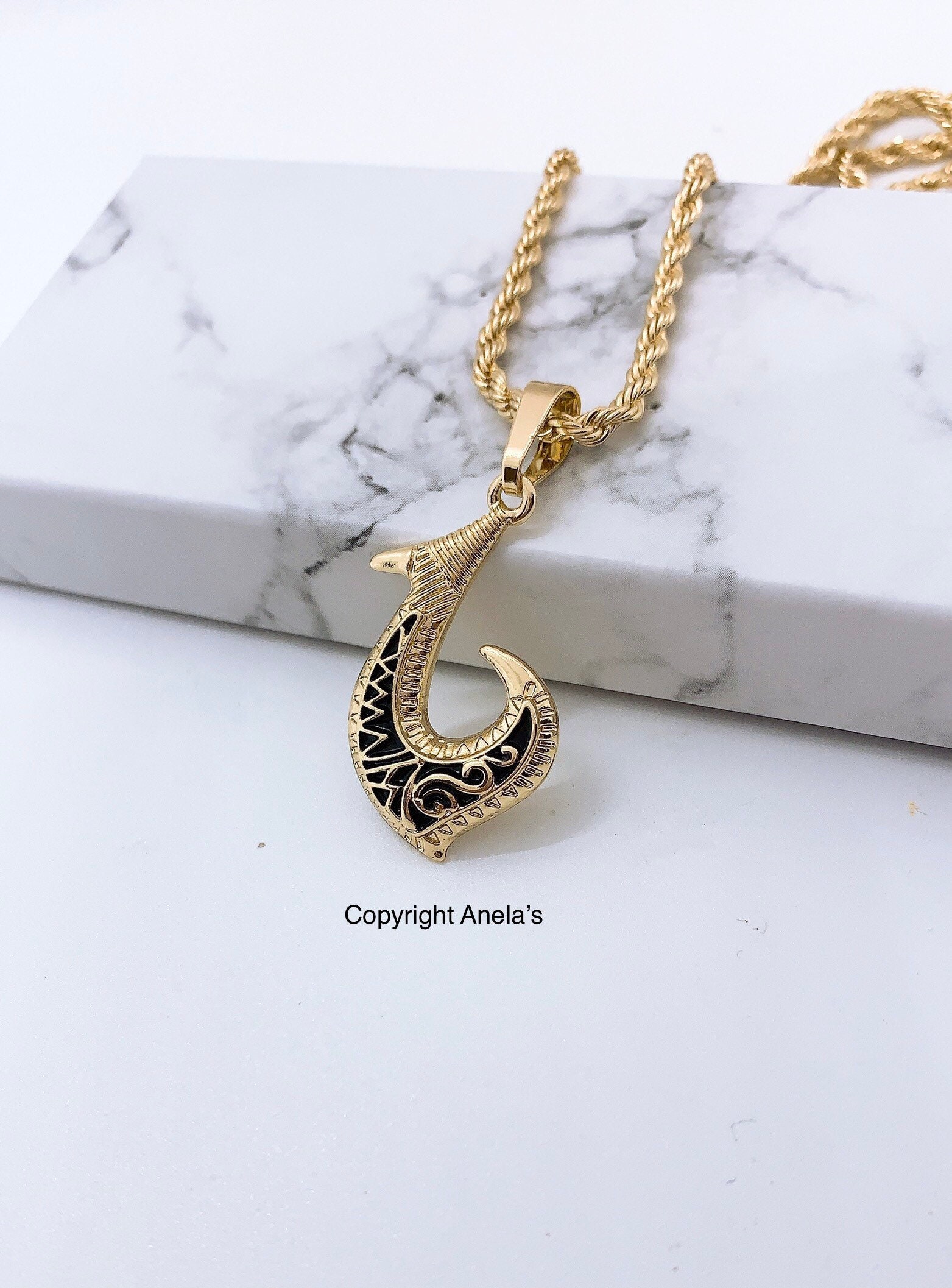 Hawaiian Black Enamel Fish Hook With Rope Chain Hamilton Gold