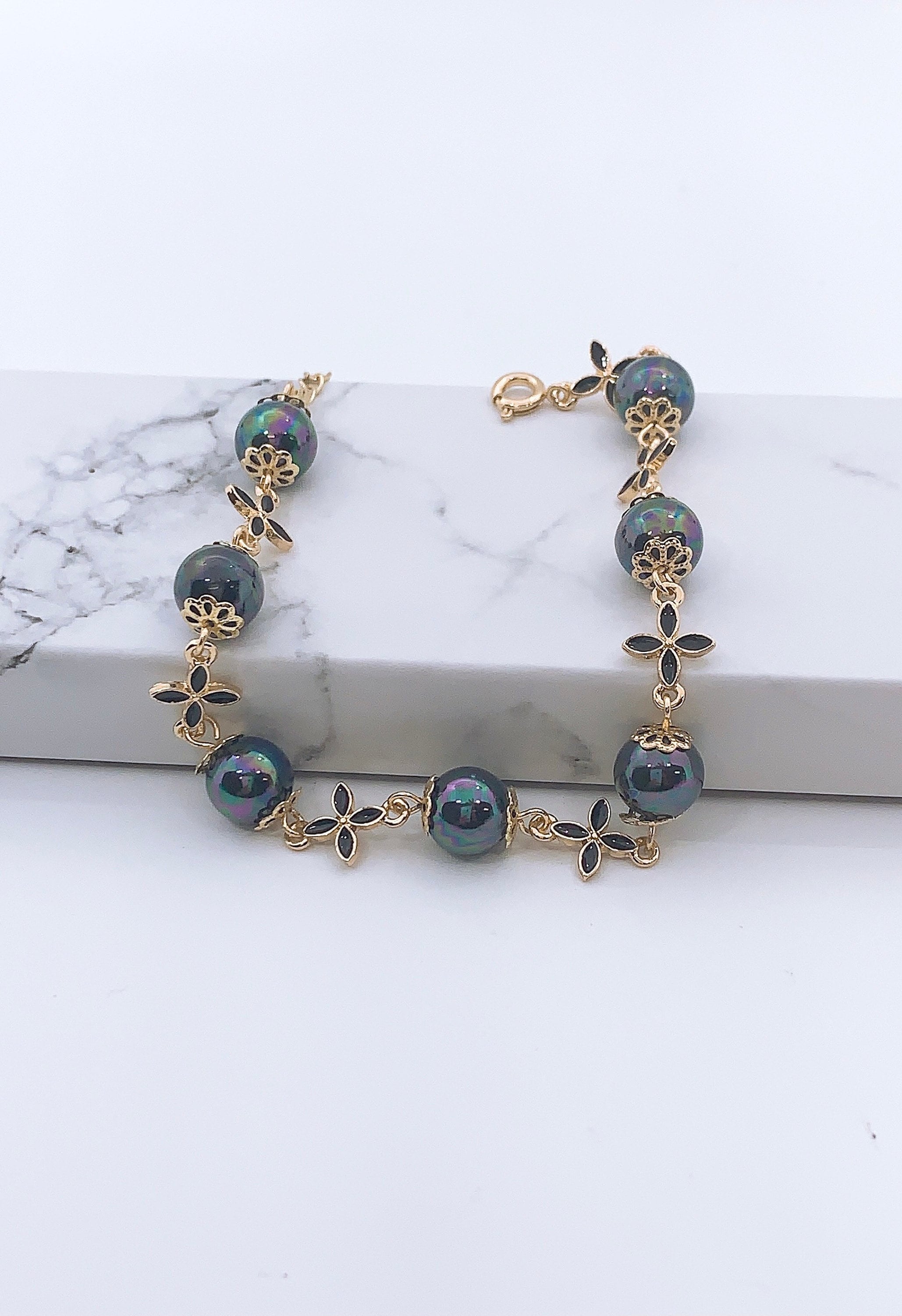 Wire New Rainbow Shell Pearl Hamilton Gold Black Flower Bracelet - Etsy