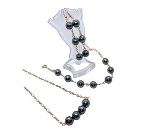 Gray Black Shell Pearl Hamilton Gold Chain Earring and Bracelet Set