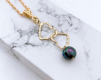 Double Heart : Hamilton Gold Necklace with New Black Greenish Shell Pearls