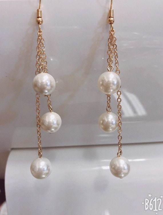 [KATENKELLY] ソンイェジン着用☆Triple Pearl Drop Earrings Triple Drop: Hamilton Gold Earring With White Shell Pearls