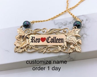 Hawaiian Jewelry Hibiscus and Honu (Sea Turtle) Personalized Customize Name Plate Necklace Hamilton Gold with Shell Pearl 18inChain w/3inExt