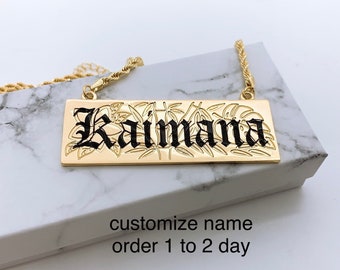 25mm  3D Hawaiian Jewelry Bamboo Monstera Plumeria Personalized Customize Name Plate Necklace w/ Rope Chain with 3in Extension Hamilton Gold