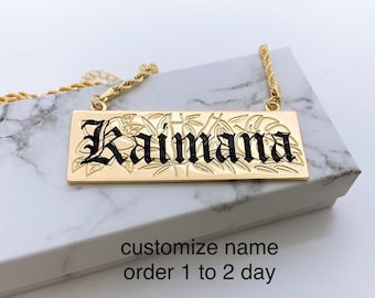 25mm  3D Hawaiian Jewelry Bamboo Monstera Plumeria Personalized Customize Name Plate Necklace w/ Rope Chain with 3in Extension Hamilton Gold