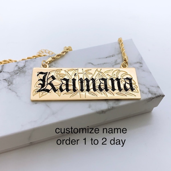 25mm  3D Hawaiian Jewelry Bamboo Monstera Plumeria Personalized Customize Name Plate Necklace w/ Rope Chain with 3in Extension Hamilton Gold