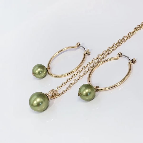 Pistachio Green Shell Pearl Hoop Earring and Shell Pearl Pendant with Chain