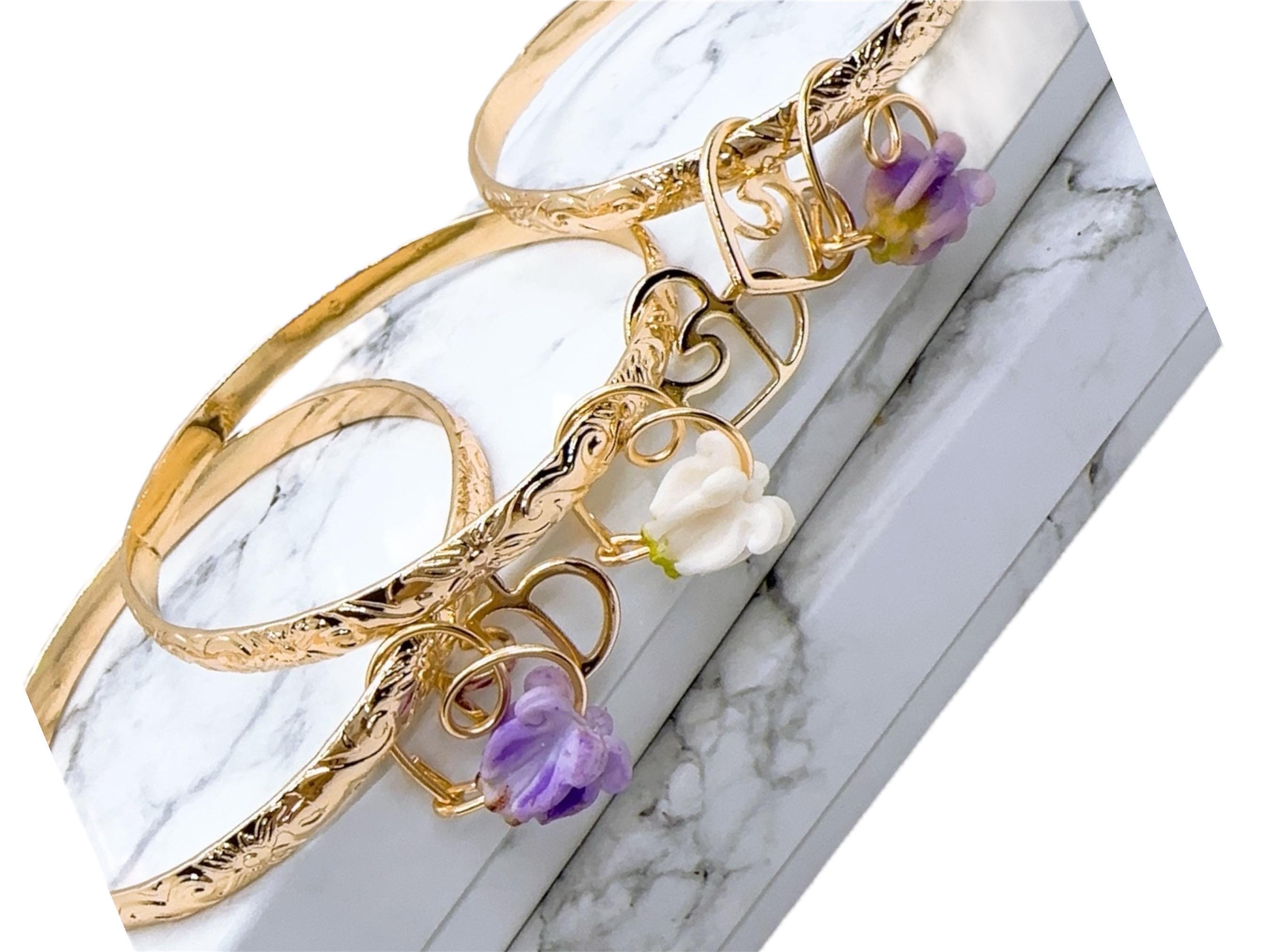 5MM Hawaiian Hamilton Gold Bangle with Heart Wave Charm Add on Crown Flower Charm
