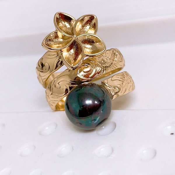 Hawaiian Hamilton Gold Plumeia Flower and Peacock Shell Pearl Wrap Around Ring