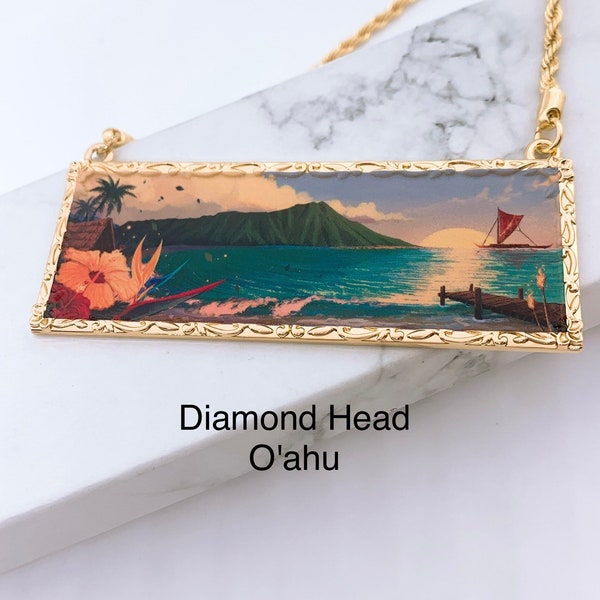 Hawaiian Jewelry 30mm Flower Border Diamond Head O'ahu Plate Necklace 18in Rope Chain with 3in Extension: Hamilton Gold Wearable Art Jewelry