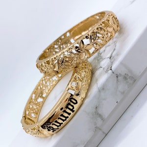 Kuuipo with Plumeria Flower 12MM Hawaiian Hamilton Gold Hinge Bangle single price