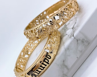Brazalete con bisagra de oro Hamilton hawaiano de 12 mm con flor de plumeria Kuuipo, precio único