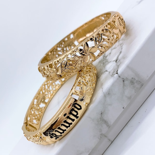 Kuuipo with Plumeria Flower 12MM Hawaiian Hamilton Gold Hinge Bangle single price