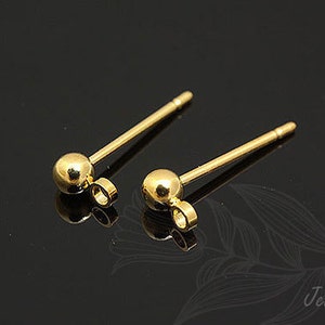 B107-3pairs/60pairs, 16K Real Gold Plated 3mm Ball Ear Post, Brass Ball Post Ear Stud, Earring Component, Nickel Free