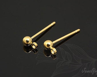 B107- 60 pairs - Gold plated-3mm Ball Ear Post-Brass Ball Post Ear Stud-Earring component-Ni Free