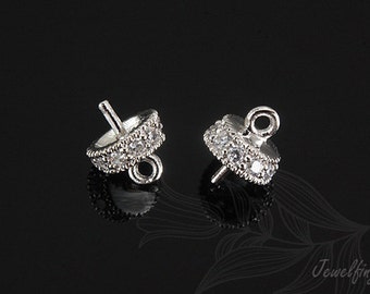 Rhodium Plated Bead Cap with Cubic Zirconia, Half Drilled Beads Cap [H393-2PCS/20PCS]