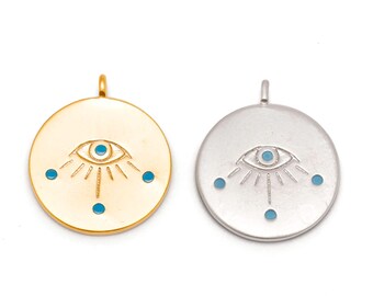Brass Evil Eye Charms, Turquoise Cubic Zirconia Medallion Pendant Supplies [H918-2PCS/20PCS]