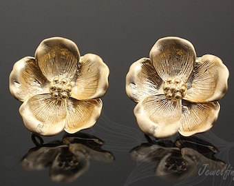 M656-10pairs-Matt Gold Plated-18.5mm Flower Stud Earrings-Silver post