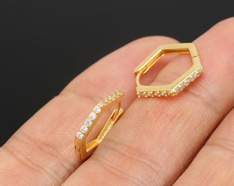 CH4026-1pair/10pairs, Real Gold Plated 15*17.5mm CZ Hexagon Lever Back Earrings, Wholesale Jewelry Findings, Nickel Free