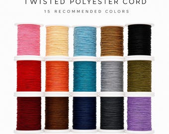 May include: Fifteen spools of twisted polyester cord arranged in a grid, featuring colors including pink, cream, light blue, tan, black, red, orange, teal, gray, olive, maroon, brown, navy, charcoal, and purple. Text reads TWISTED POLYESTER CORD.
