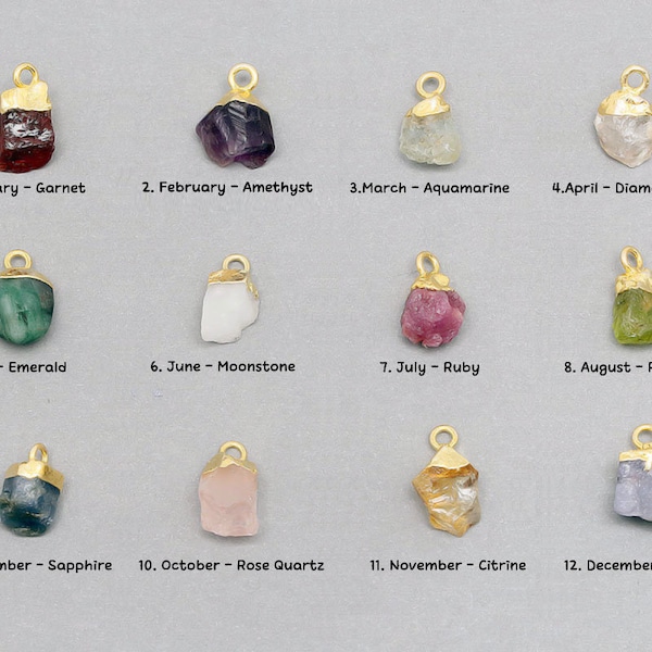 ID002-10pcs- Natural Birthstone Charms,Rough Birthstone Gold Plated Necklace Pendant,Natural Raw Rough Gemstone Charms