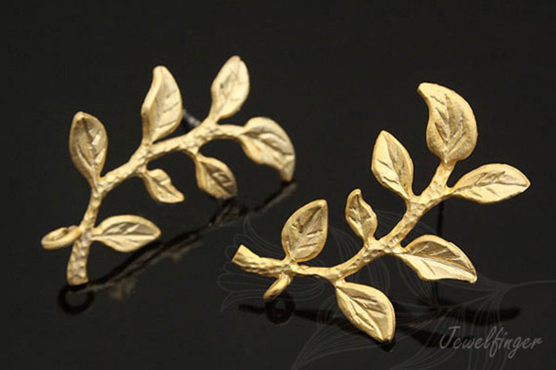 B570-10 pairs-1325mm Matt Gold Plated-Leaf Ear Post-Branch Earring-Silver Post image 1