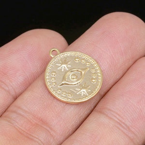 H1327-2ea/20ea-Gold Plated-18mm Vintage Evil Eye Coin Pendant, Evil Eye Pendant, Medallion Necklace Charm