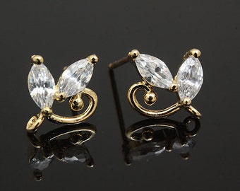 H155-1pair/10pairs-Gold Plated-CZ Leaf Earrings, Leaf Post Earrings, Silver Post, wholesale jewelry finding, wholesale Earrings