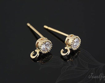 H533-1pair/20pairs, Gold Plated Round Cubic Ear Post, 4mm CZ Post Ear Stud, Earring Component, Silver Post, Wholesale Earring