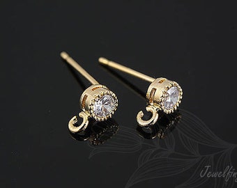 H533- 20 pairs -  Gold plated- Round Cubic Ear Post-4mm CZ Post Ear Stud-Earring component-Silver Post