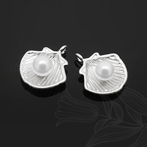 M914-2ea/20ea-Matt Rhodium Plated-For Half Drilled Pearl or Bead Seashell Charms, Tiny Scallop Shell Pendant, wholesale jewelry finding