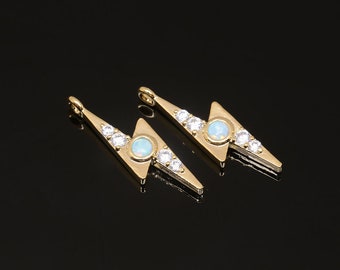 E626-20pcs-Gold Plated-22*6mm White Opal & Cubic Thunderbolt Charms-Opal Lightning Bolt Pendant -Necklace Earring Making Supply