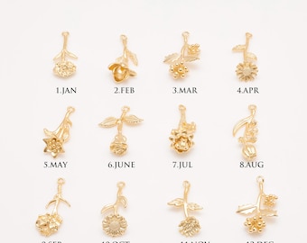 Colección de colgantes florales con baño de oro mate para los 12 meses de vida, colgantes florales con significado [M125-1PC/10PCS]
