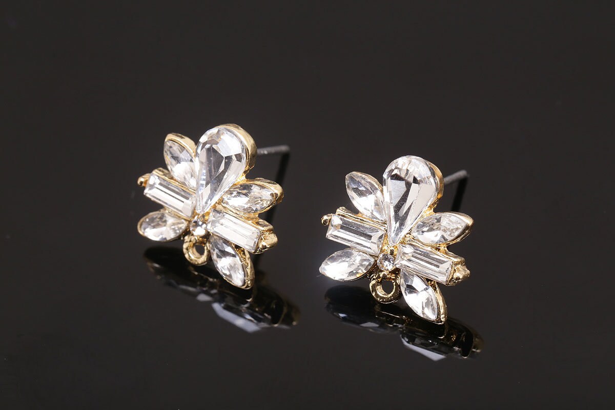 H396-1pair/10pairs, Gold Plated 14*13.5mm Brilliant Stone