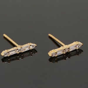 CH7045-10pairs-Gold Plated-12.5*2.5mm Tiny CZ Earrings-Cubic Bar Post Earrings-Nickel Free