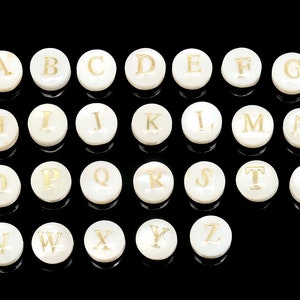 YM001-2ea/10ea-Double Sided Shell Letter 8mm White Shell Personalized Initial Charms, Natural Shell with Gold Alphabet, MOP Gold Letter