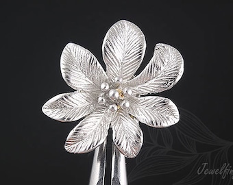 Matte Rhodium Plated 5 petals Flower Studs Ear Post, Flower Earring, Silver Post [B187-1pairs/10pairs]