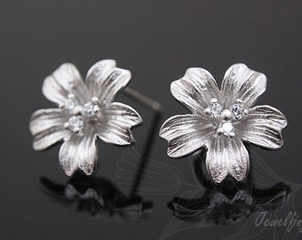 Matte Rhodium Plated 12mm Cubic Zirconia Flower Earring, Silver Post [B559-1pair/10pairs]
