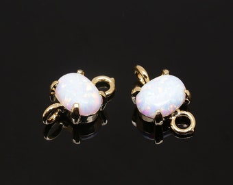 H861-10pcs-Gold Plated-13*8mm White Opal Oval Connector-Tiny Opal Charms-Necklace Earring Making Supply