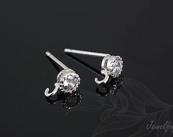 H716-1pair/20pairs, Rhodium Plated Round Cubic Ear Post, 4mm CZ Post Ear Stud, Earring Component, Silver Post, Wholesale Earring