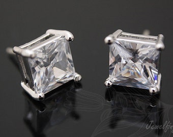 Rhodium Plated 9.5mm Cubic Zirconia Square Stud Earrings, Silver Post [H091-1pair/10pairs]