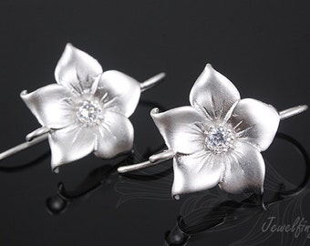 Matte Rhodium Plated Flower Earring Hooks, Cubic Zirconia, 16mm [H1019-1pair/10pairs]