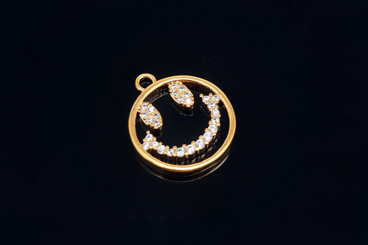 16K Real Gold Plated 13mm CZ Happy Face Charms, Smile Pendant