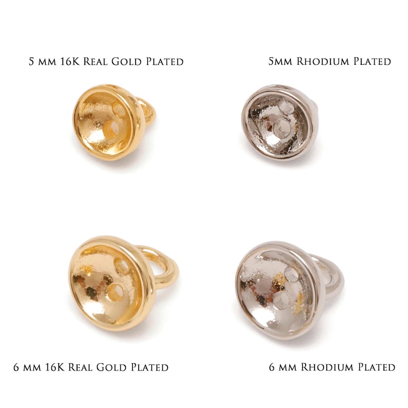 May include: Four jewellery findings: two gold-plated and two rhodium-plated. The gold-plated findings are 5 mm and 6 mm, with the text "5 MM 16K REAL GOLD PLATED" and "6 MM 16K REAL GOLD PLATED". The rhodium-plated findings are 5 mm and 6 mm, with the text "5MM RHODIUM PLATED" and "6 MM RHODIUM PLATED".