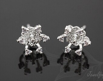 Rhodium Plated CZ Flower Stud Earrings, Bridal Earrings, For Half Drilled Beads Earring, Silver Post [C778-1pair/10pairs]